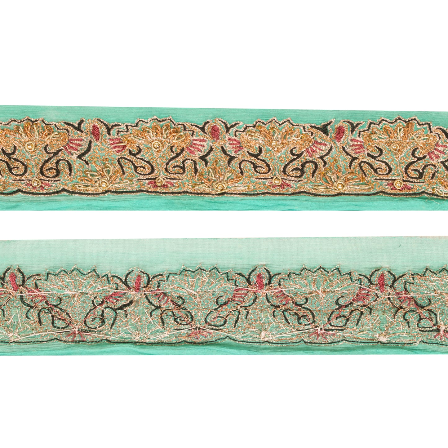 Sanskriti Vintage Trims Lace Sari Border Hand Beaded Zari Craft 1YD Sewing Green