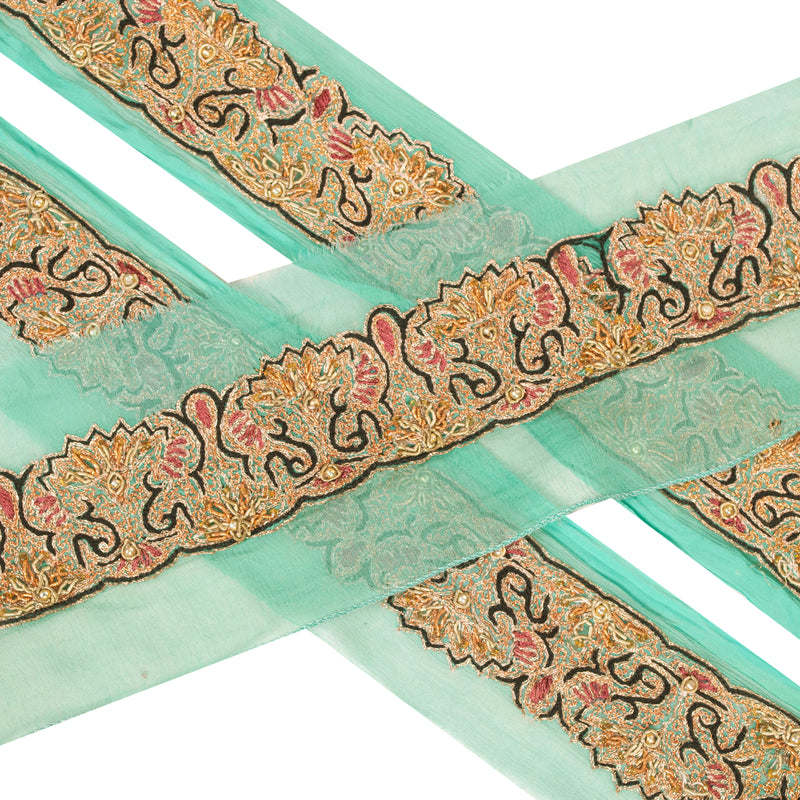 Sanskriti Vintage Trims Lace Sari Border Hand Beaded Zari Craft 1YD Sewing Green