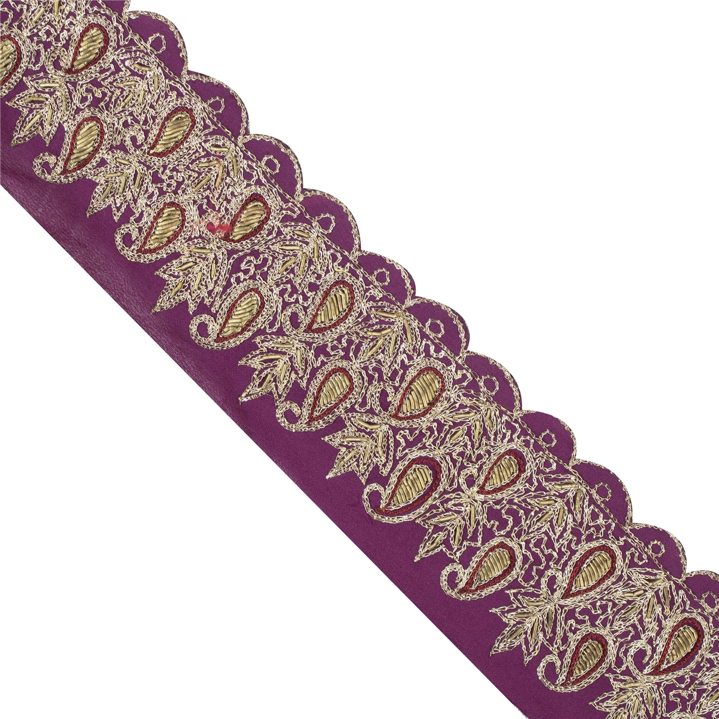 Sanskriti Vintage Sari Border Indian Hand Beaded 1YD Trims 2.6W Zari Purple Lace