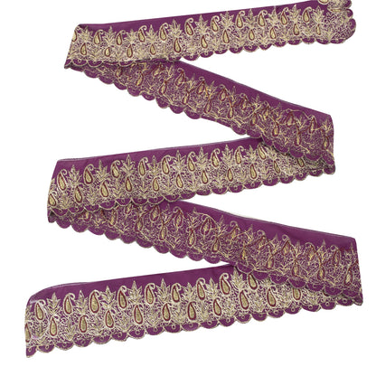 Sanskriti Vintage Sari Border Indian Hand Beaded 1YD Trims 2.6W Zari Purple Lace