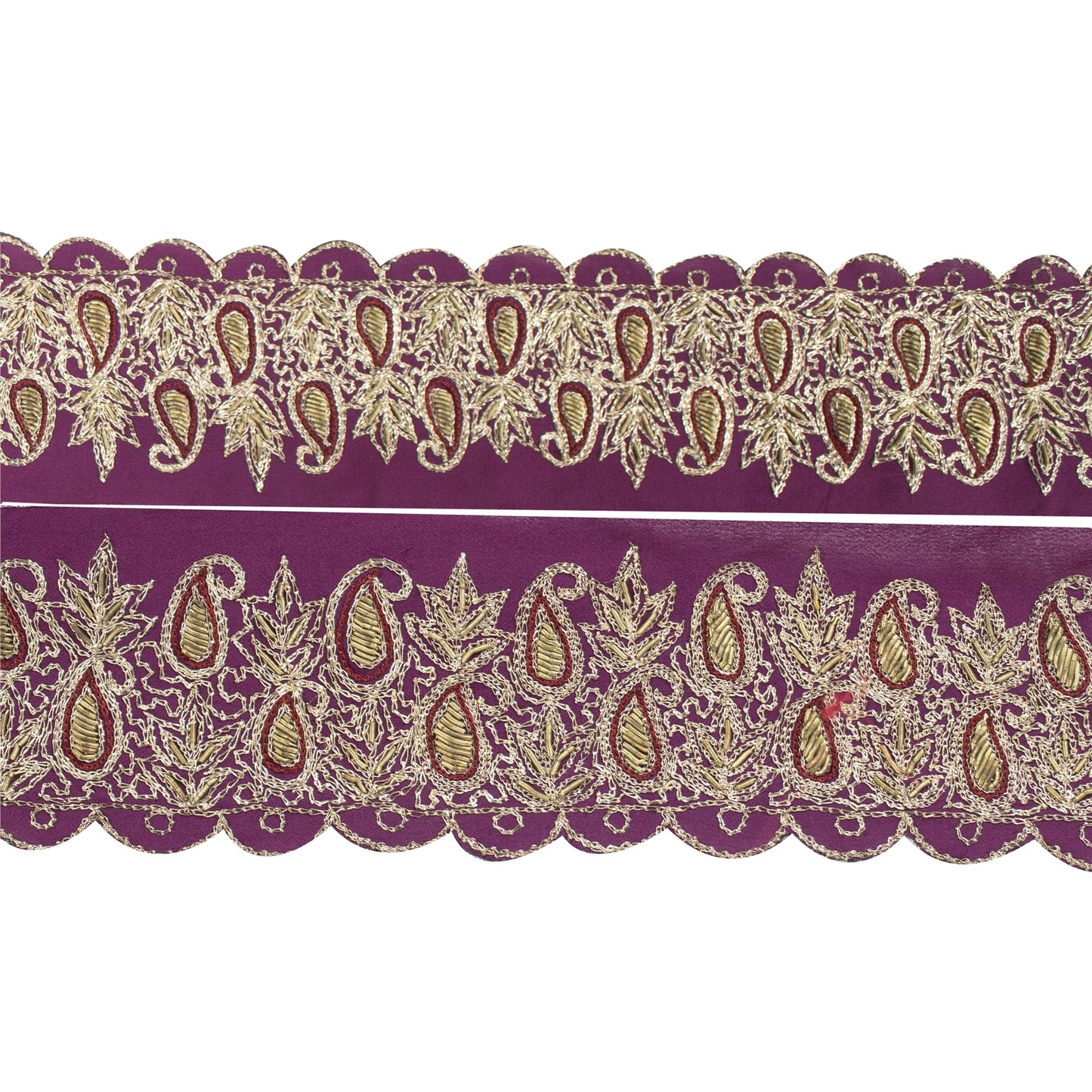 Sanskriti Vintage Sari Border Indian Hand Beaded 1YD Trims 2.6W Zari Purple Lace