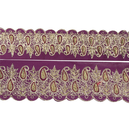 Sanskriti Vintage Sari Border Indian Hand Beaded 1YD Trims 2.6W Zari Purple Lace