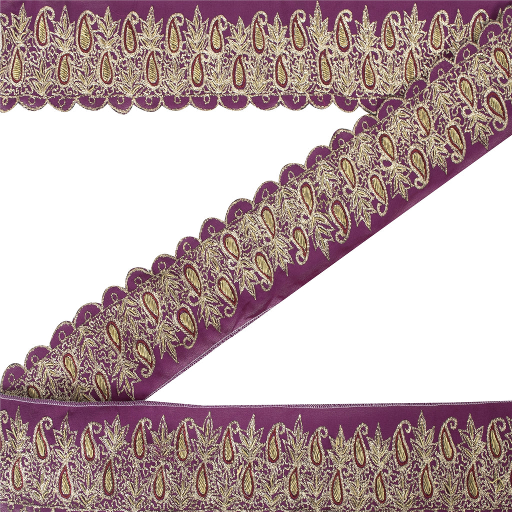 Sanskriti Vintage Sari Border Indian Hand Beaded 1YD Trims 2.6W Zari Purple Lace