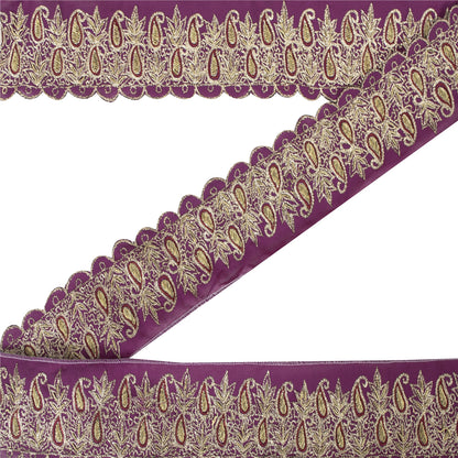 Sanskriti Vintage Sari Border Indian Hand Beaded 1YD Trims 2.6W Zari Purple Lace