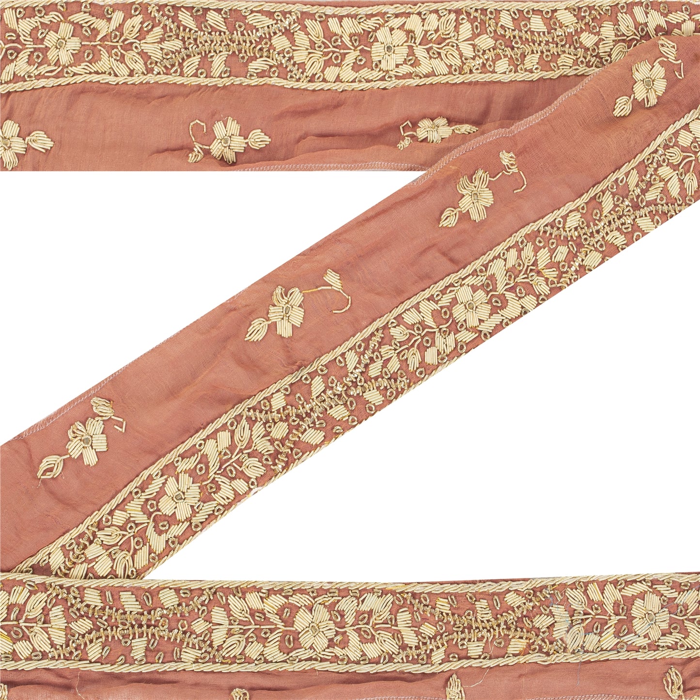 Sanskriti Vintage Sari Border Hand Embroidered Zardozi 1YD Trims 1"W Peach Lace