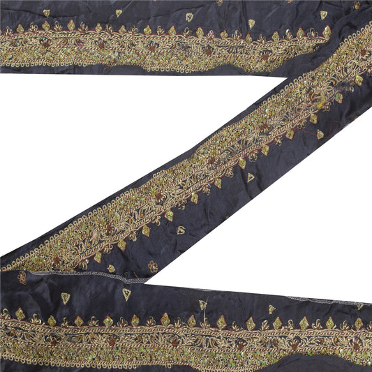 Sanskriti Vintage Sari Border Hand Beaded Zari Craft 1YD Trims 1.5"W Blue Ribbon