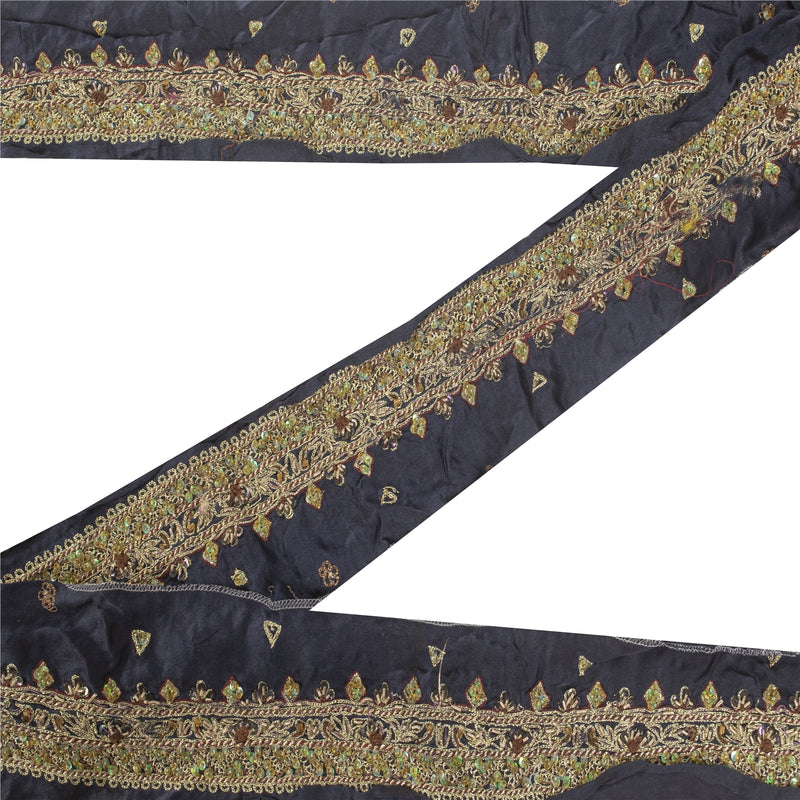 Sanskriti Vintage Sari Border Hand Beaded Zari Craft 1YD Trims 1.5"W Blue Ribbon