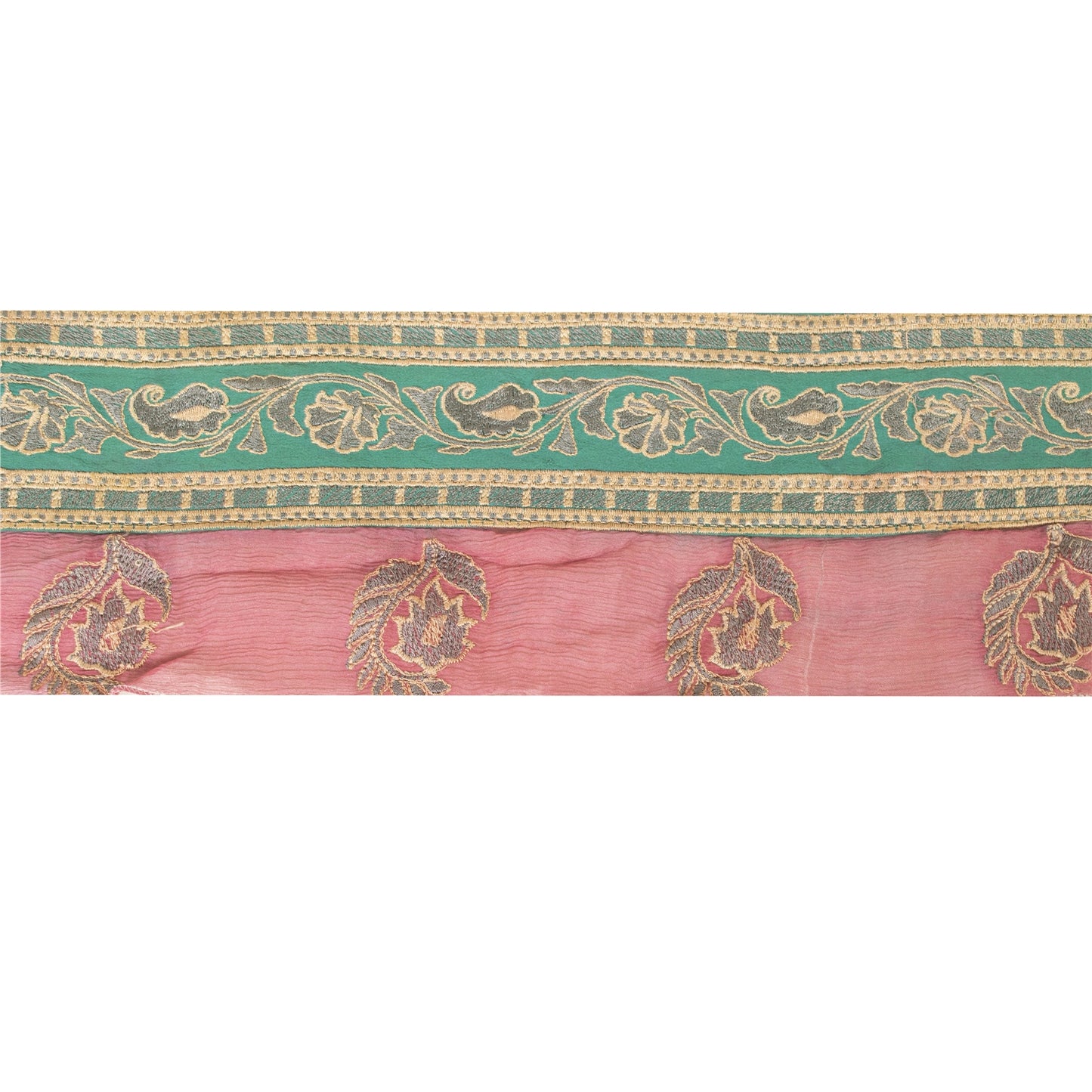 Sanskriti Vintage Sari Border Embroidered Thread Craft 1YD Trim 4.3"W Green Lace