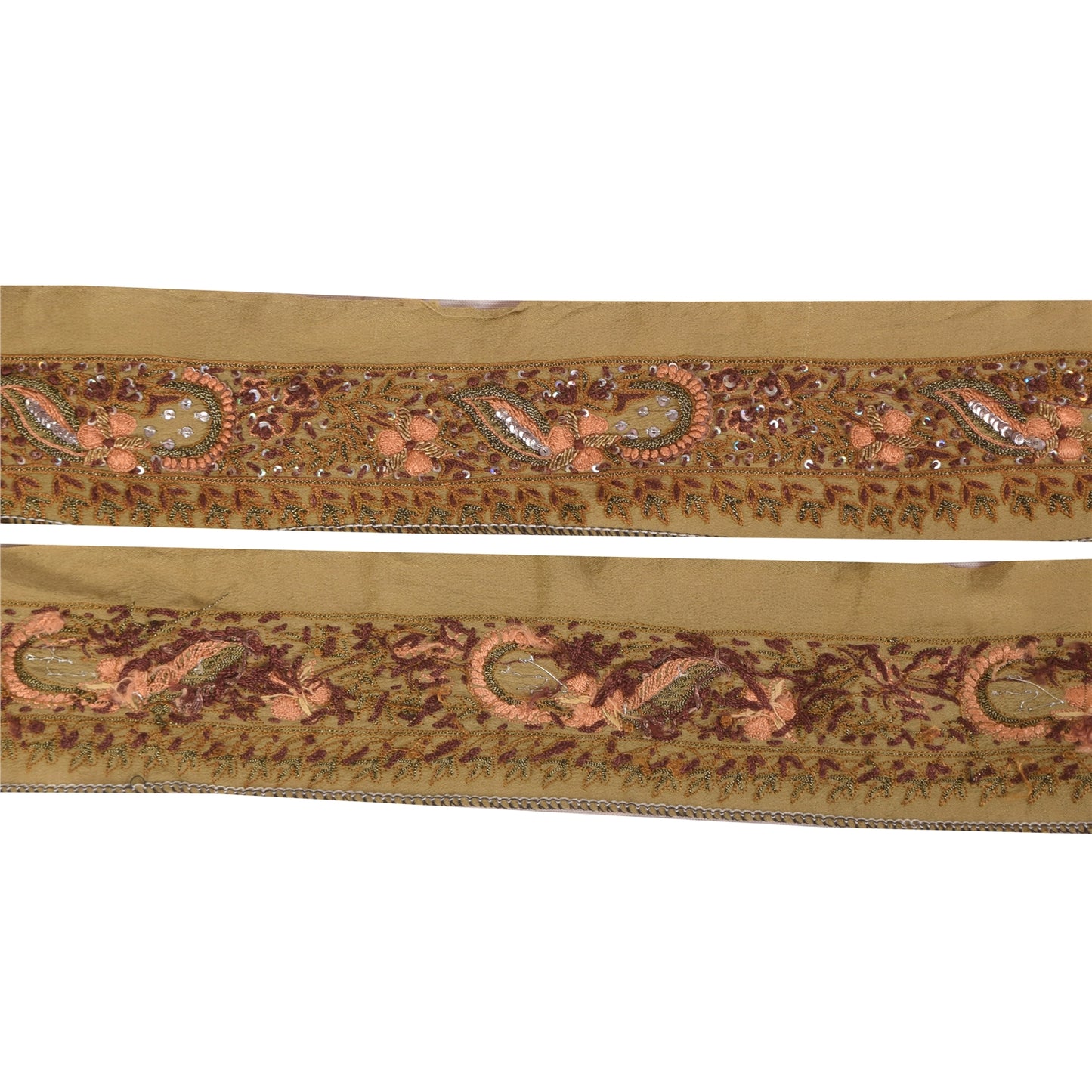 Sanskriti Vintage Sari Border Hand Beaded Zari 1 YD Trims 1.5 Green Ribbon Lace