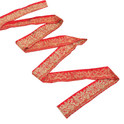 Sanskriti Vintage Sari Border Hand Embroidered 1YD Craft Trims 2"W Red Ribbon