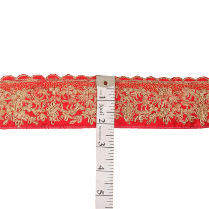 Sanskriti Vintage Sari Border Hand Embroidered 1YD Craft Trims 2"W Red Ribbon
