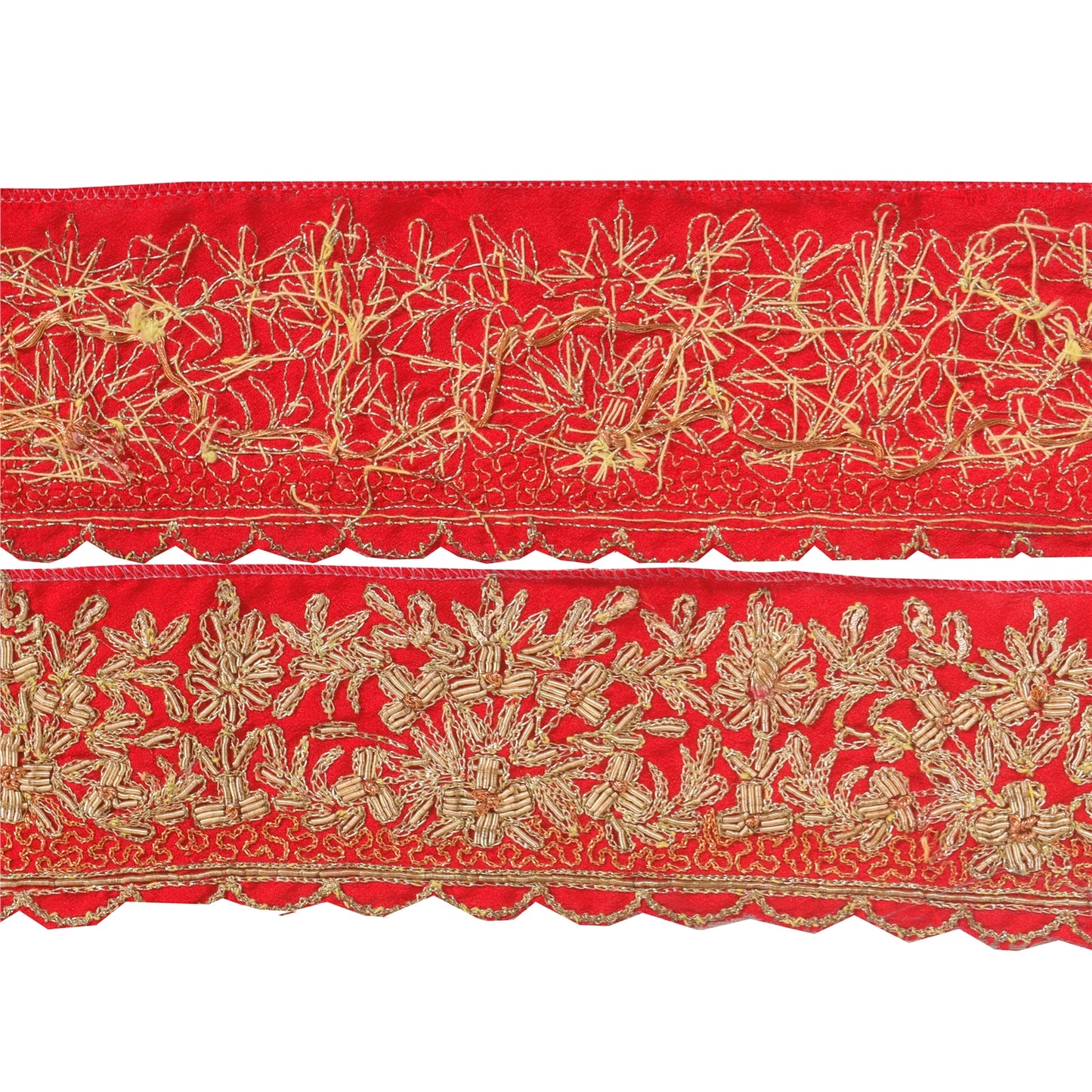 Sanskriti Vintage Sari Border Hand Embroidered 1YD Craft Trims 2"W Red Ribbon