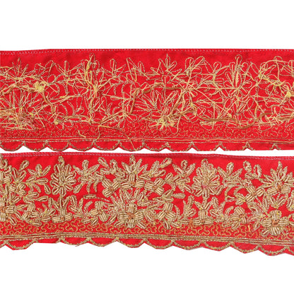 Sanskriti Vintage Sari Border Hand Embroidered 1YD Craft Trims 2"W Red Ribbon