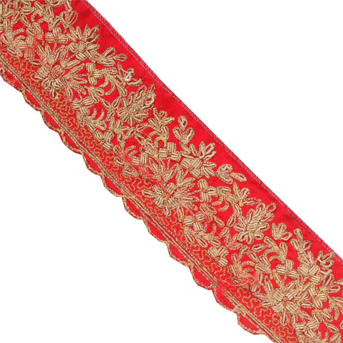 Sanskriti Vintage Sari Border Hand Embroidered 1YD Craft Trims 2"W Red Ribbon