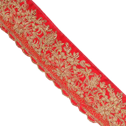 Sanskriti Vintage Sari Border Hand Embroidered 1YD Craft Trims 2"W Red Ribbon