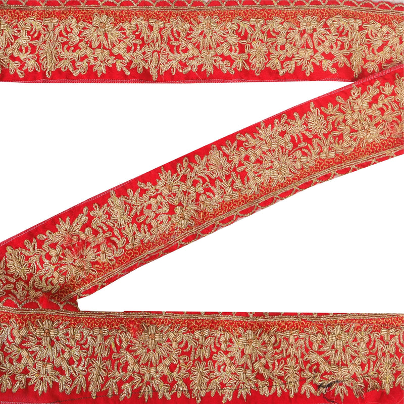 Sanskriti Vintage Sari Border Hand Embroidered 1YD Craft Trims 2"W Red Ribbon