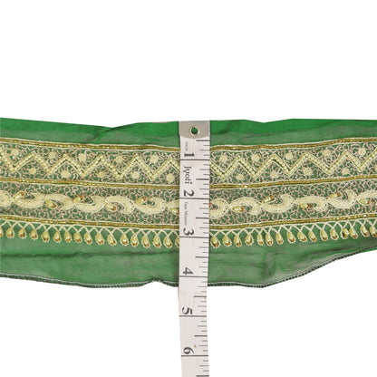 Sanskriti Vintage Sari Border Hand Beaded Zari 1 YD Trims 2.5W Green Floral Lace