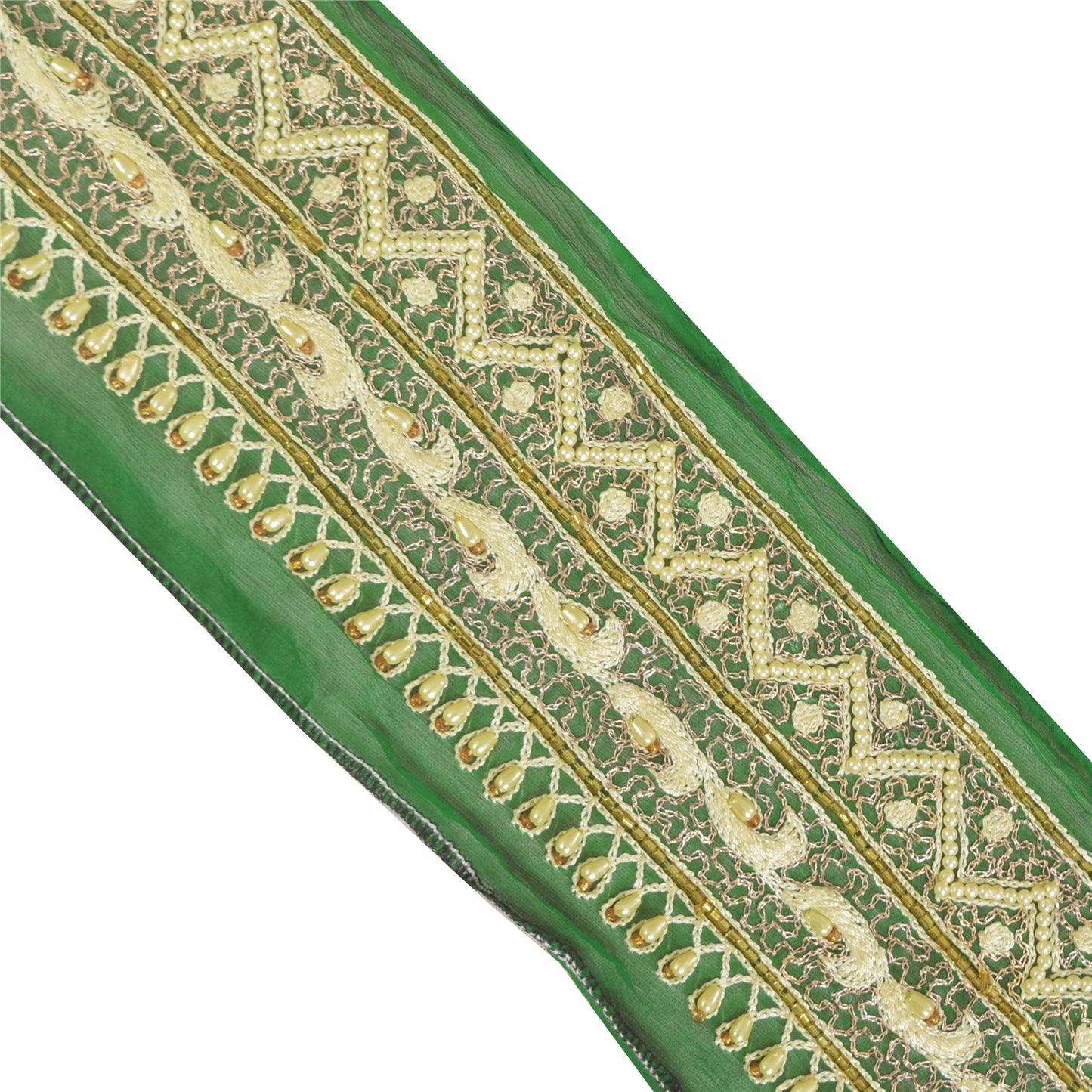 Sanskriti Vintage Sari Border Hand Beaded Zari 1 YD Trims 2.5W Green Floral Lace