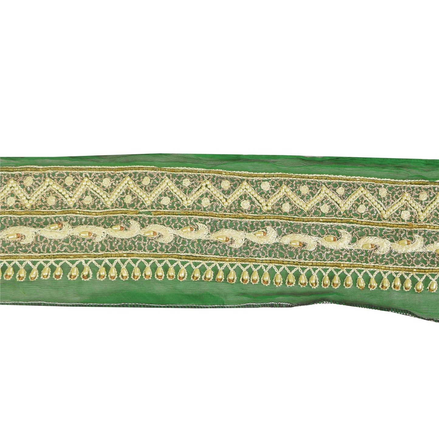 Sanskriti Vintage Sari Border Hand Beaded Zari 1 YD Trims 2.5W Green Floral Lace