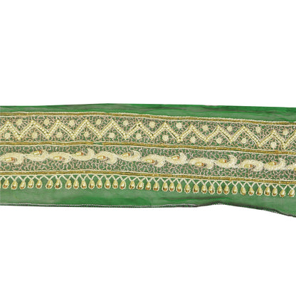 Sanskriti Vintage Sari Border Hand Beaded Zari 1 YD Trims 2.5W Green Floral Lace
