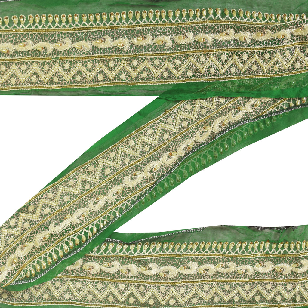 Sanskriti Vintage Sari Border Hand Beaded Zari 1 YD Trims 2.5W Green Floral Lace