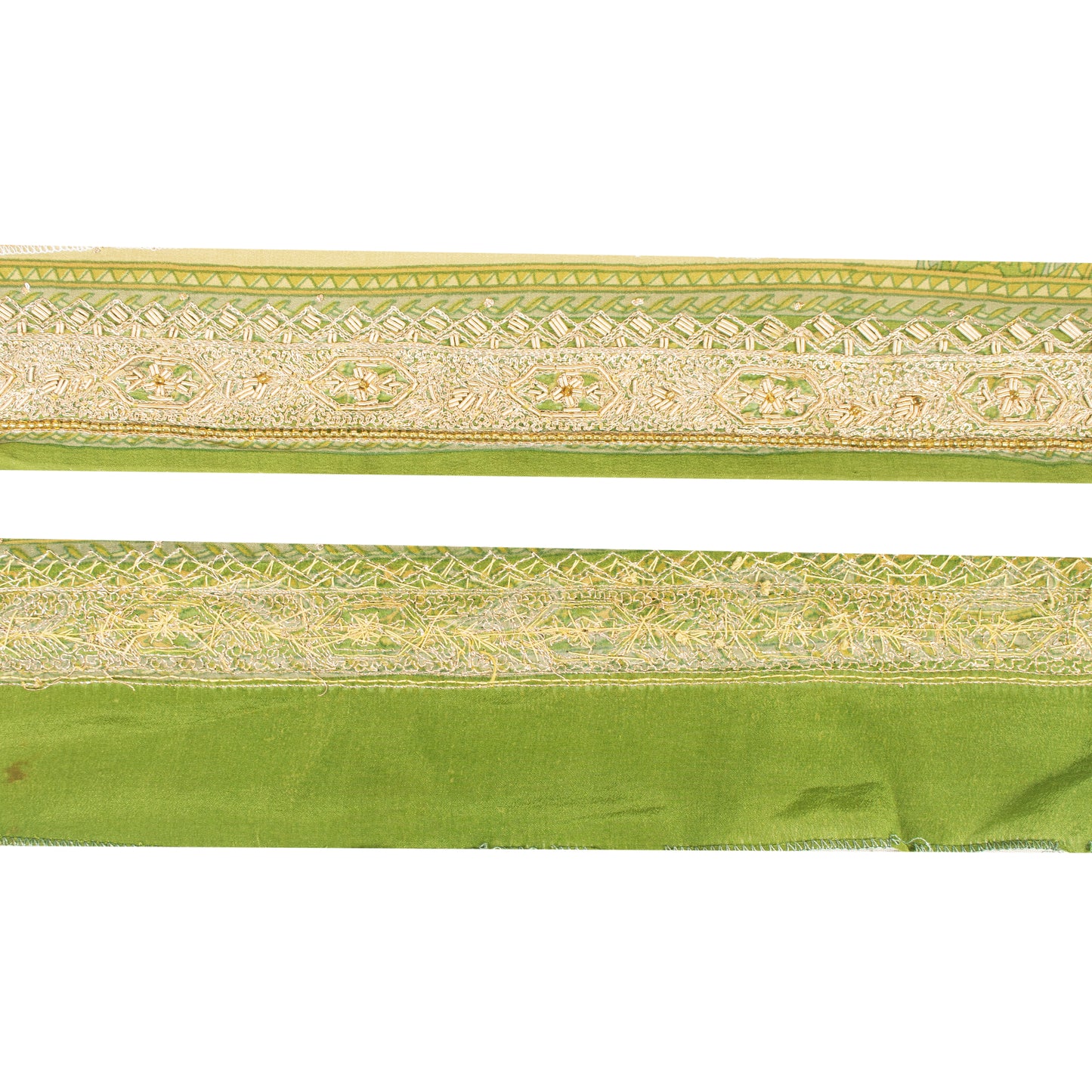 Sanskriti Vintage Sari Border Hand Beaded Zardozi 1 YD Trim 1.5 W Green Lace