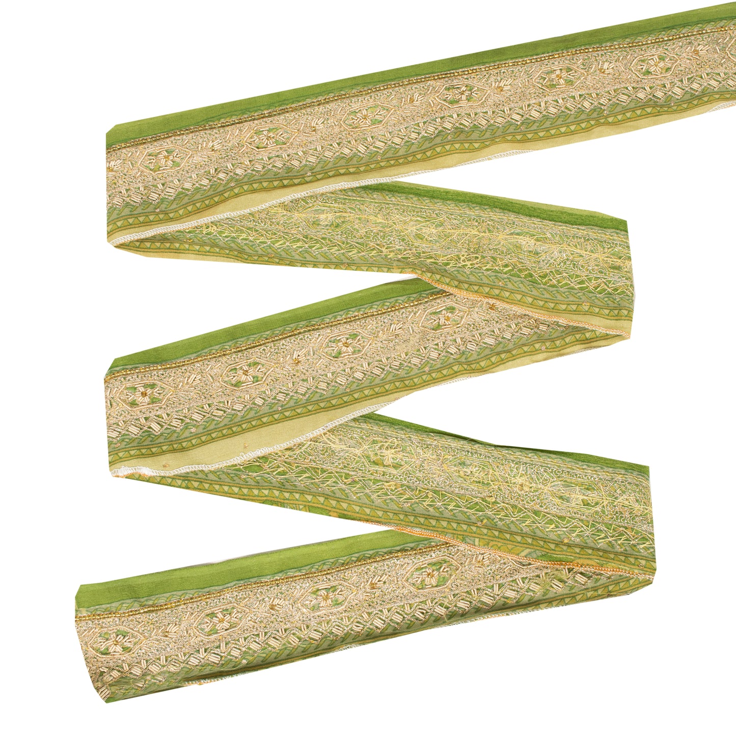 Sanskriti Vintage Sari Border Hand Beaded Zardozi 1 YD Trim 1.5 W Green Lace