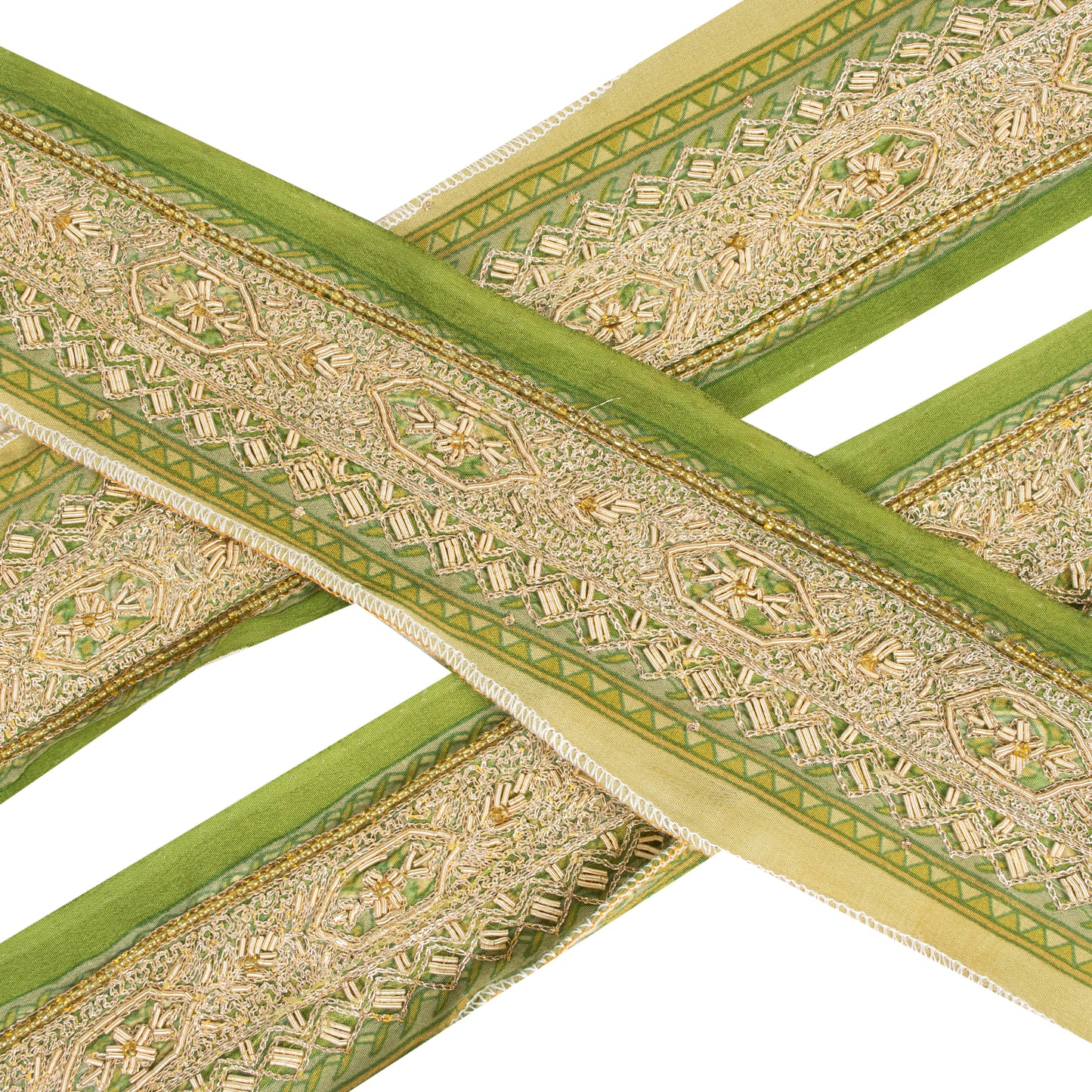 Sanskriti Vintage Sari Border Hand Beaded Zardozi 1 YD Trim 1.5 W Green Lace