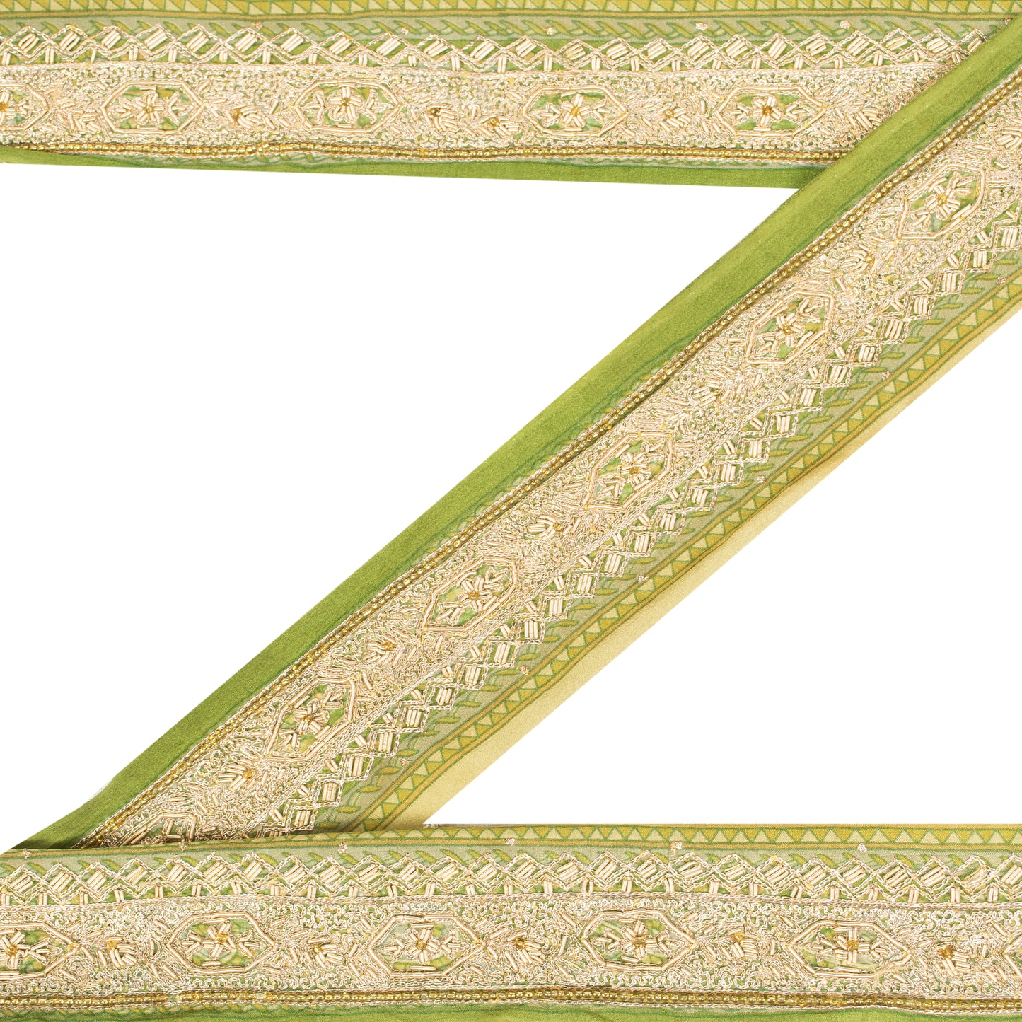 Sanskriti Vintage Sari Border Hand Beaded Zardozi 1 YD Trim 1.5 W Green Lace