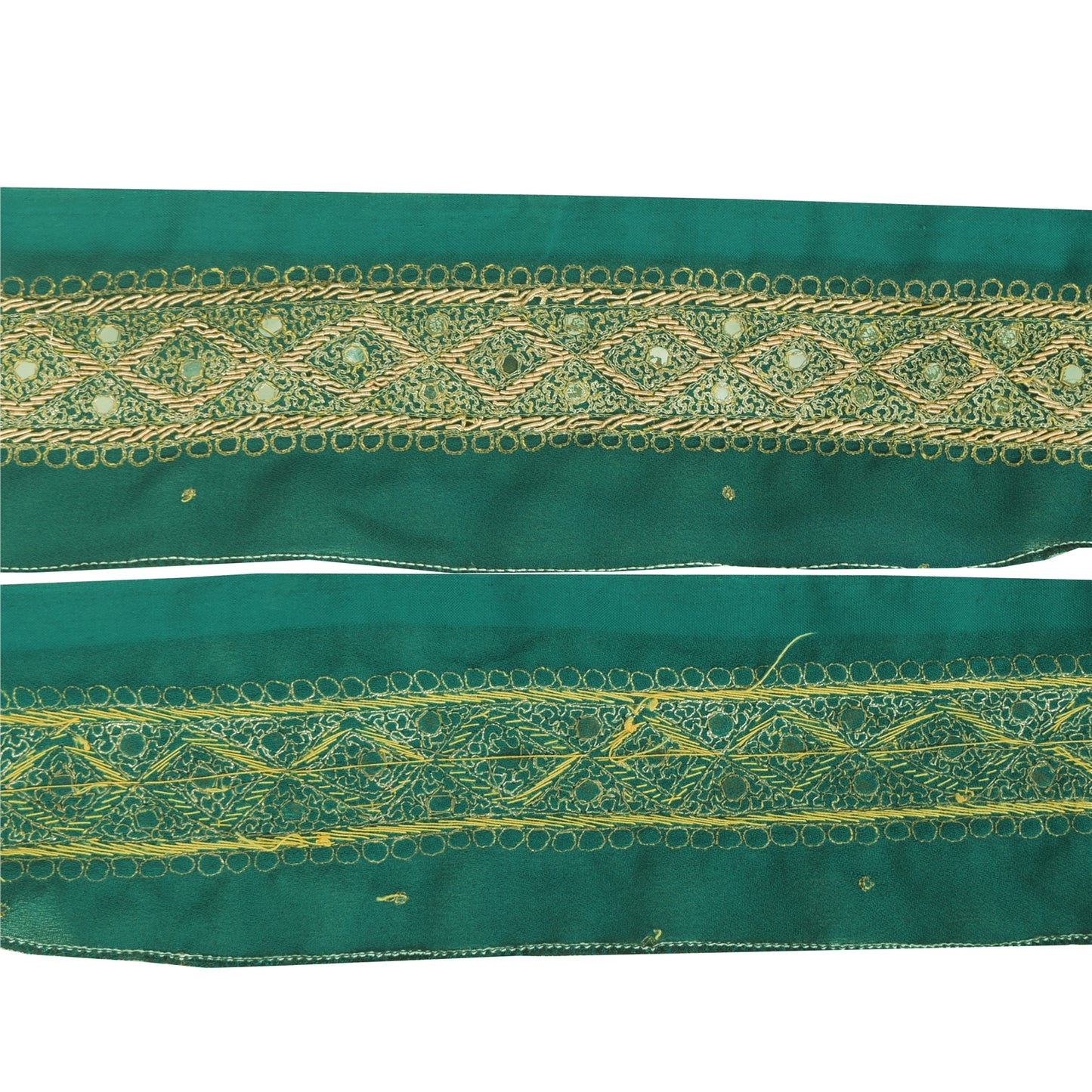 Sanskriti Vintage Sari Border Hand Embroidery 1 YD Trim Zardozi Craft Green Lace