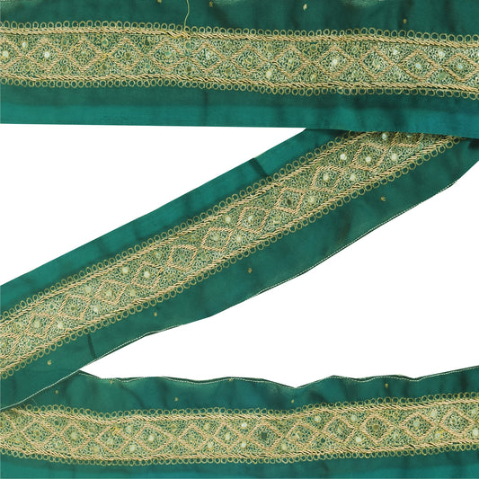 Sanskriti Vintage Sari Border Hand Embroidery 1 YD Trim Zardozi Craft Green Lace