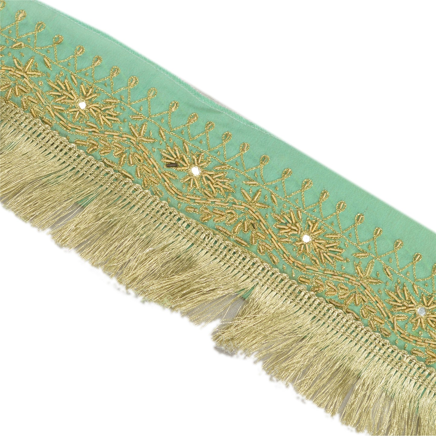 Sanskriti Vintage Sari Border Hand Beaded 1 Yd Indian Trim Sewing Green Lace