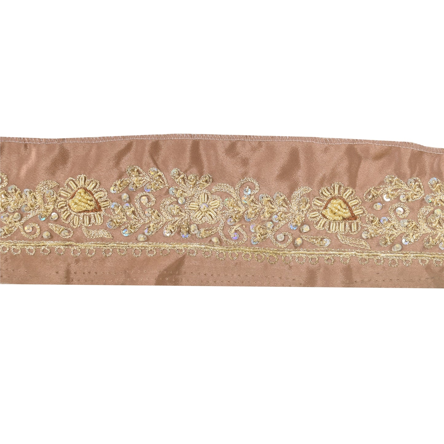 Sanskriti Vintage 1 YD Sari Border Hand Beaded Zardozi Trim Brown 1.5W Lace