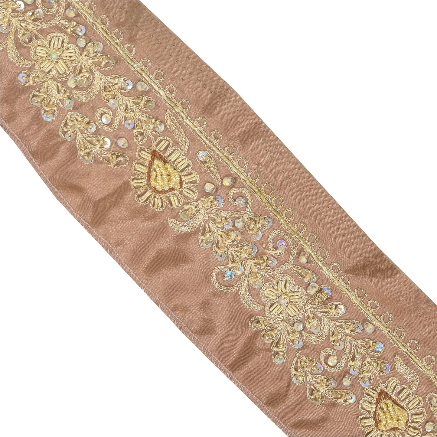 Sanskriti Vintage 1 YD Sari Border Hand Beaded Zardozi Trim Brown 1.5W Lace