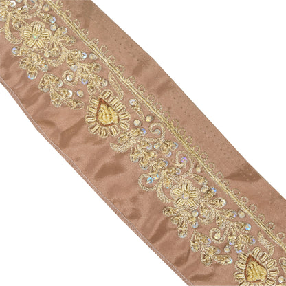 Sanskriti Vintage 1 YD Sari Border Hand Beaded Zardozi Trim Brown 1.5W Lace