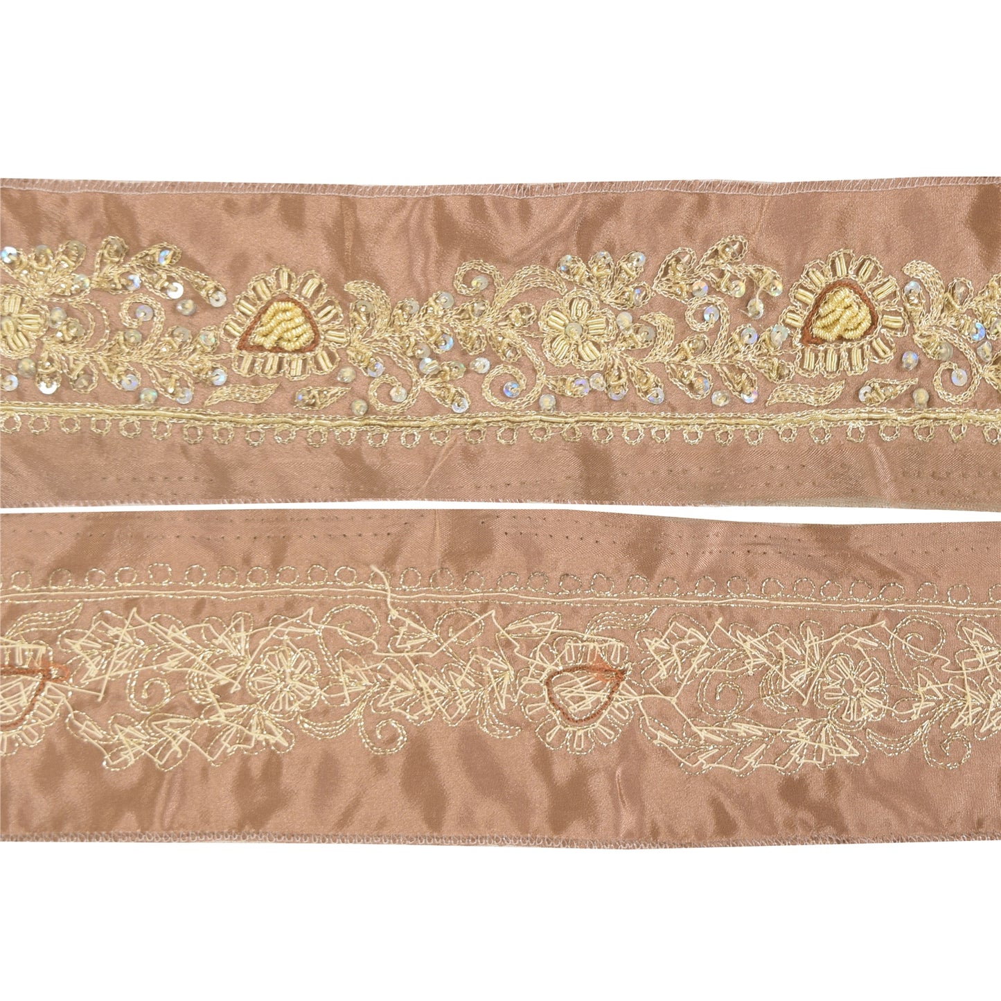 Sanskriti Vintage 1 YD Sari Border Hand Beaded Zardozi Trim Brown 1.5W Lace