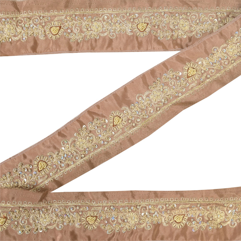 Sanskriti Vintage 1 YD Sari Border Hand Beaded Zardozi Trim Brown 1.5W Lace