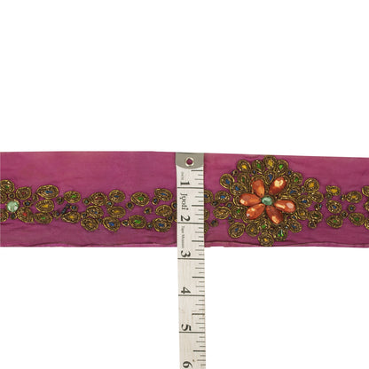 Sanskriti Vintage Sari Border Hand Bead Zardozi Dabka Craft Trims Lace 1YD Pink