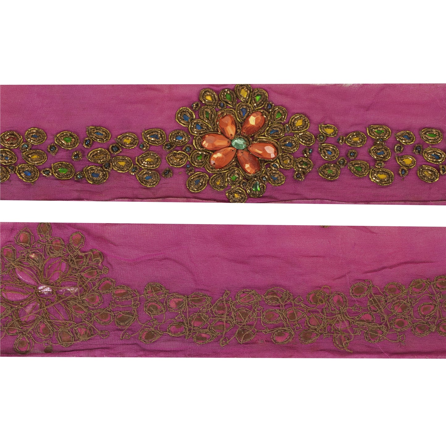 Sanskriti Vintage Sari Border Hand Bead Zardozi Dabka Craft Trims Lace 1YD Pink