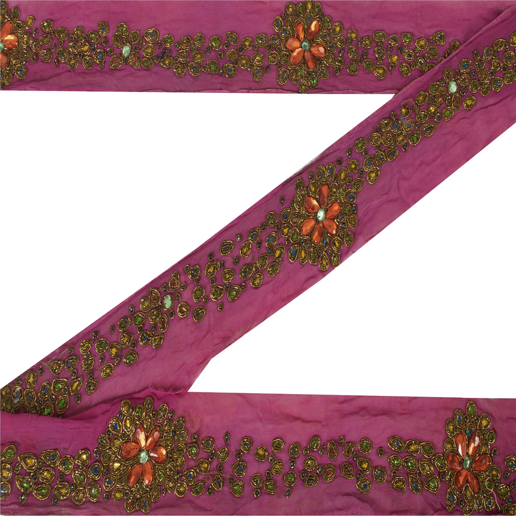 Sanskriti Vintage Sari Border Hand Bead Zardozi Dabka Craft Trims Lace 1YD Pink