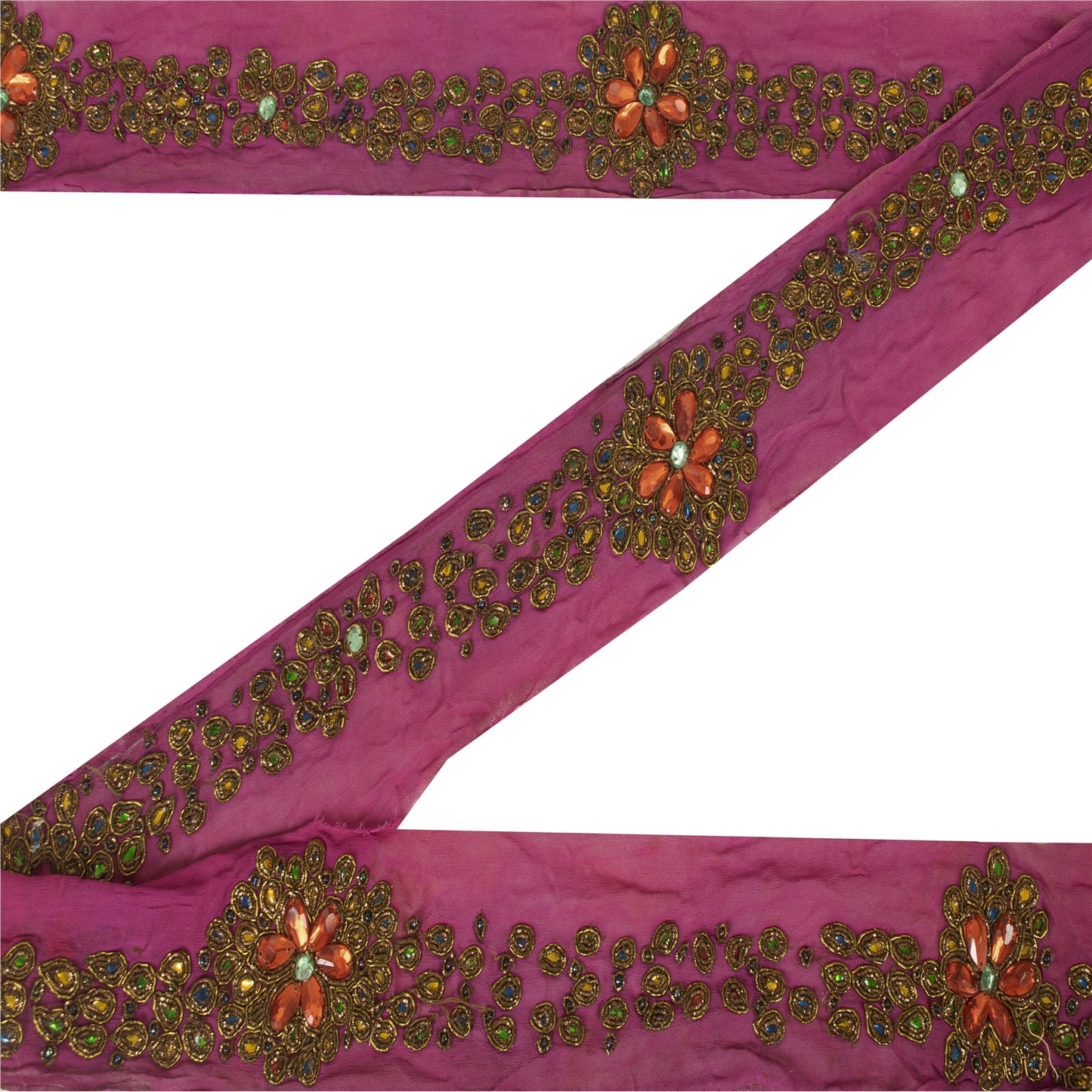 Sanskriti Vintage Sari Border Hand Bead Zardozi Dabka Craft Trims Lace 1YD Pink