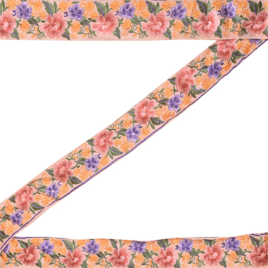 Sanskriti Vintage Sari Border Embroidered Decor 1YD Trims 2.5"W Pink Silk Lace