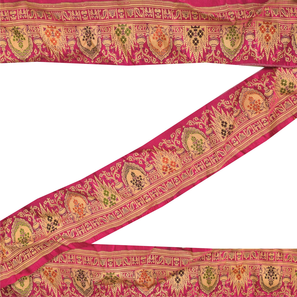 Sanskriti Vintage Sari Border Embroidery Paisley 1YD Trims 3.5W Pink Lace Ribbon