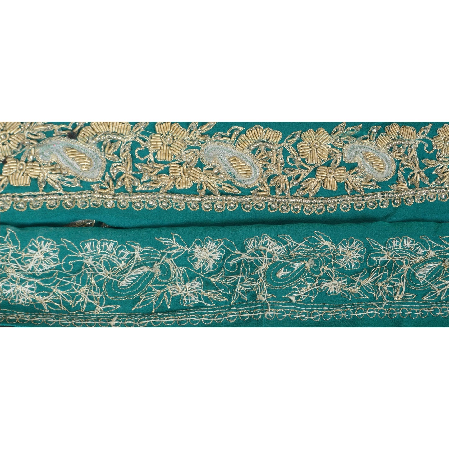 Sanskriti Vintage Border Antique Hand Beaded 1 YD Zardozi Trim Sewing Green Lace
