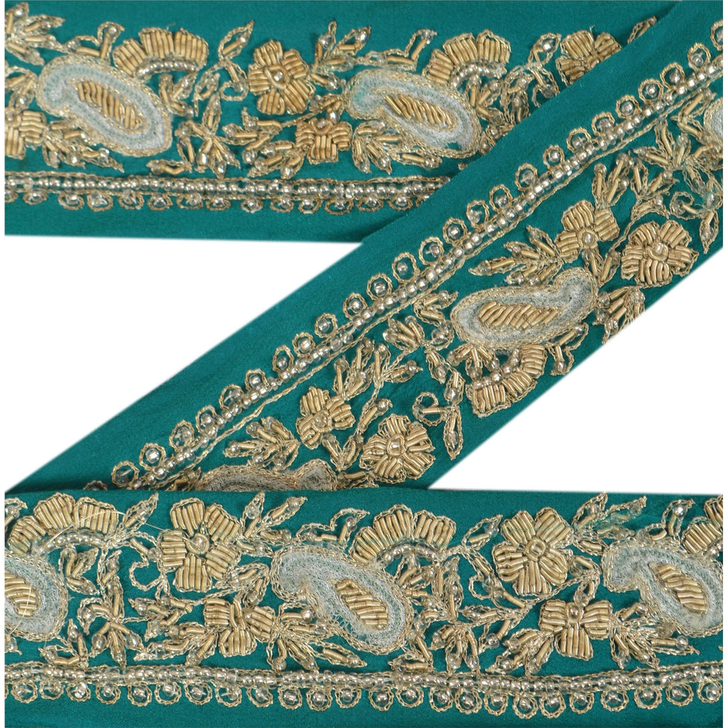 Sanskriti Vintage Border Antique Hand Beaded 1 YD Zardozi Trim Sewing Green Lace