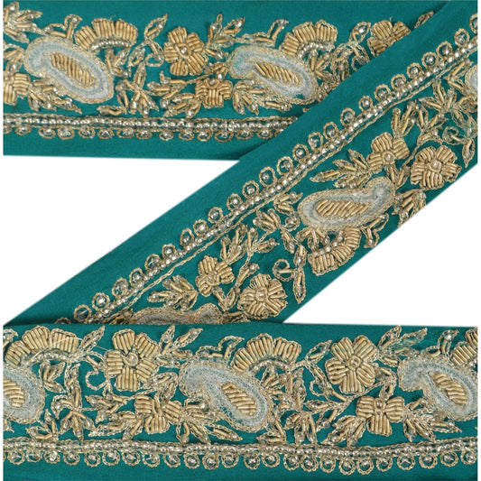 Sanskriti Vintage Border Antique Hand Beaded 1 YD Zardozi Trim Sewing Green Lace