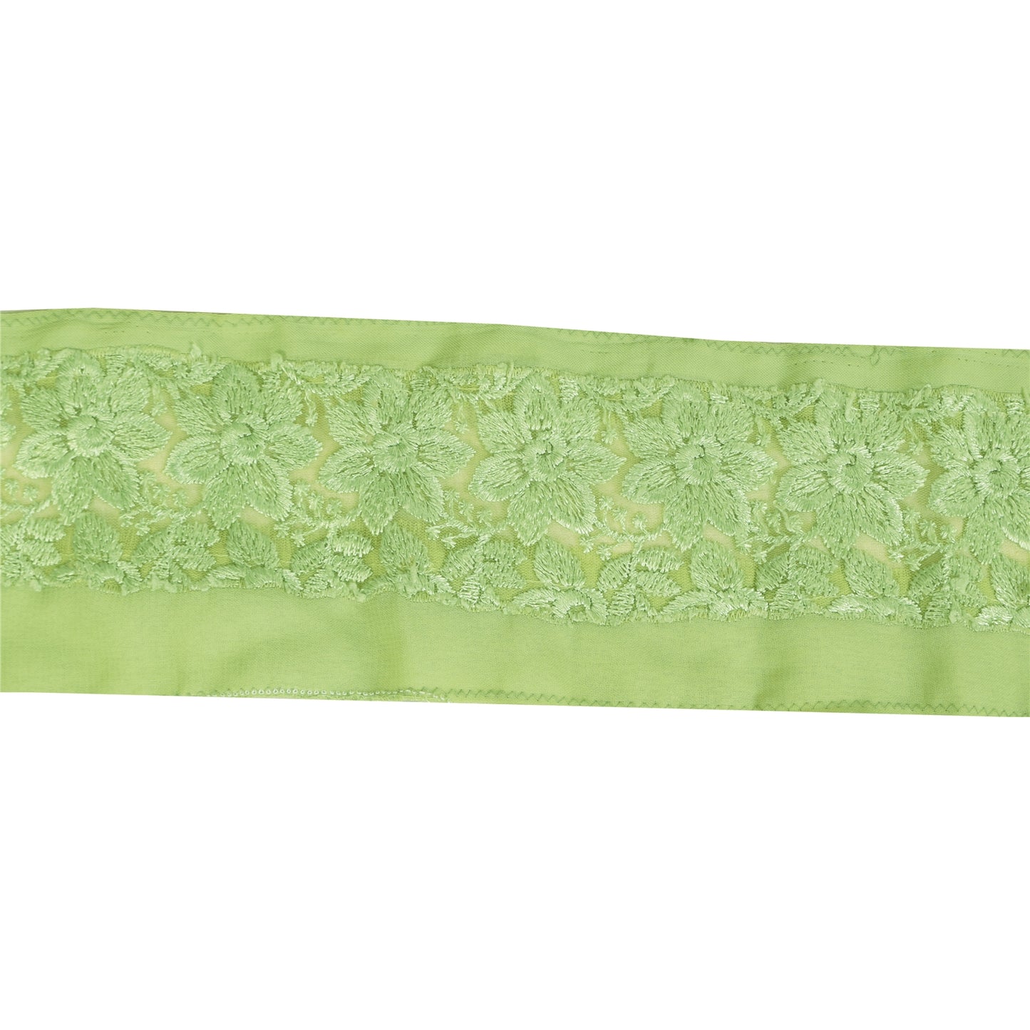 Sanskriti Vintage Sari Border Embroidered Thread Floral 1YD Green Trims 3.5"W