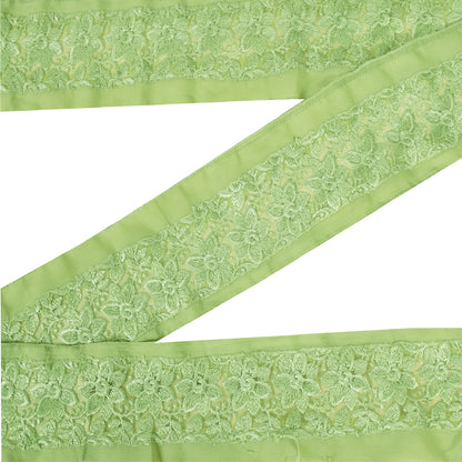 Sanskriti Vintage Sari Border Embroidered Thread Floral 1YD Green Trims 3.5"W