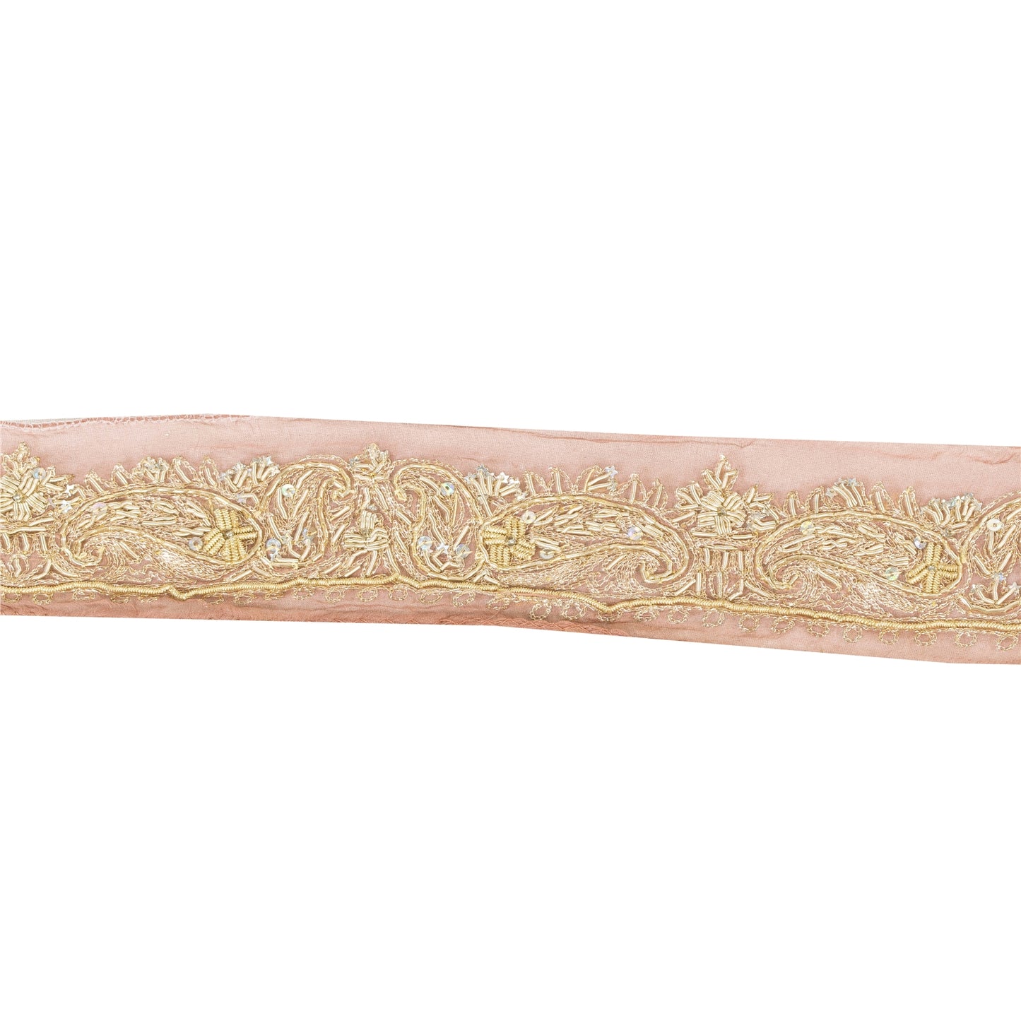 Sanskriti Vintage 1 YD Sari Border Hand Bead Zardozi Zari Trim Pink Ribbon Lace