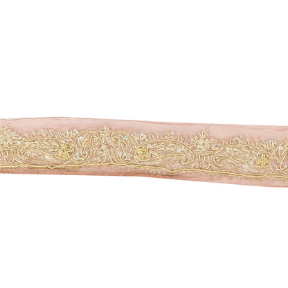 Sanskriti Vintage 1 YD Sari Border Hand Bead Zardozi Zari Trim Pink Ribbon Lace